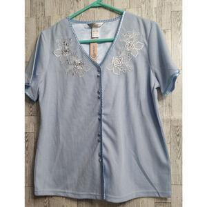Charmour Women Blue P.J. Top Size medium Embroidery Sequins Ribbon Satin Buttons